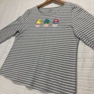 Talbots Gray Striped T-Shirt 3/4 Sleeve Sequined Cupcakes‎ Women's Size Large